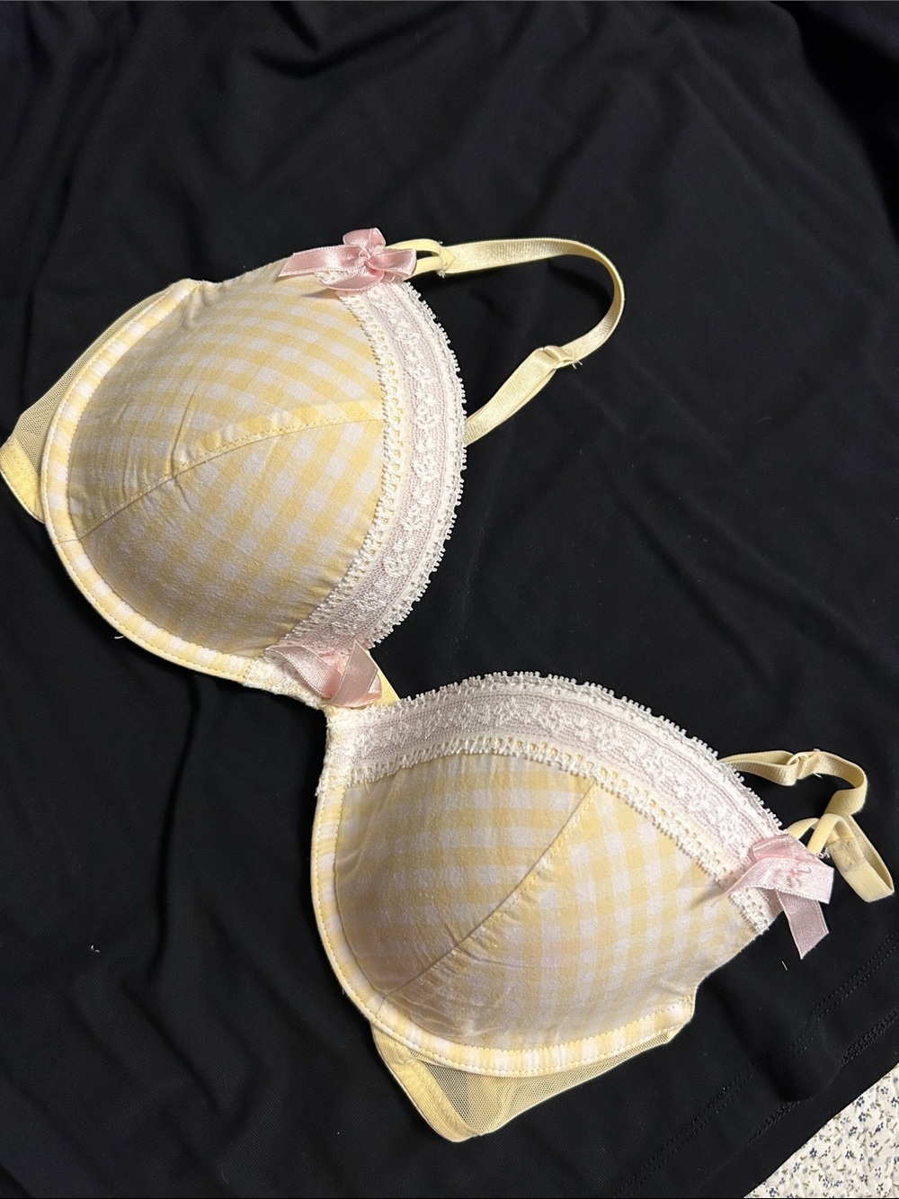 La SENZA Yellow Gingham Lace Trim Bra with Pink Bows